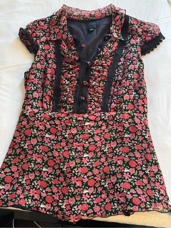 Anna Sui Tops - Anna Sui Black Floral Ruffled Cap-Sleeve Top with Pink, Red, and Green Flowers